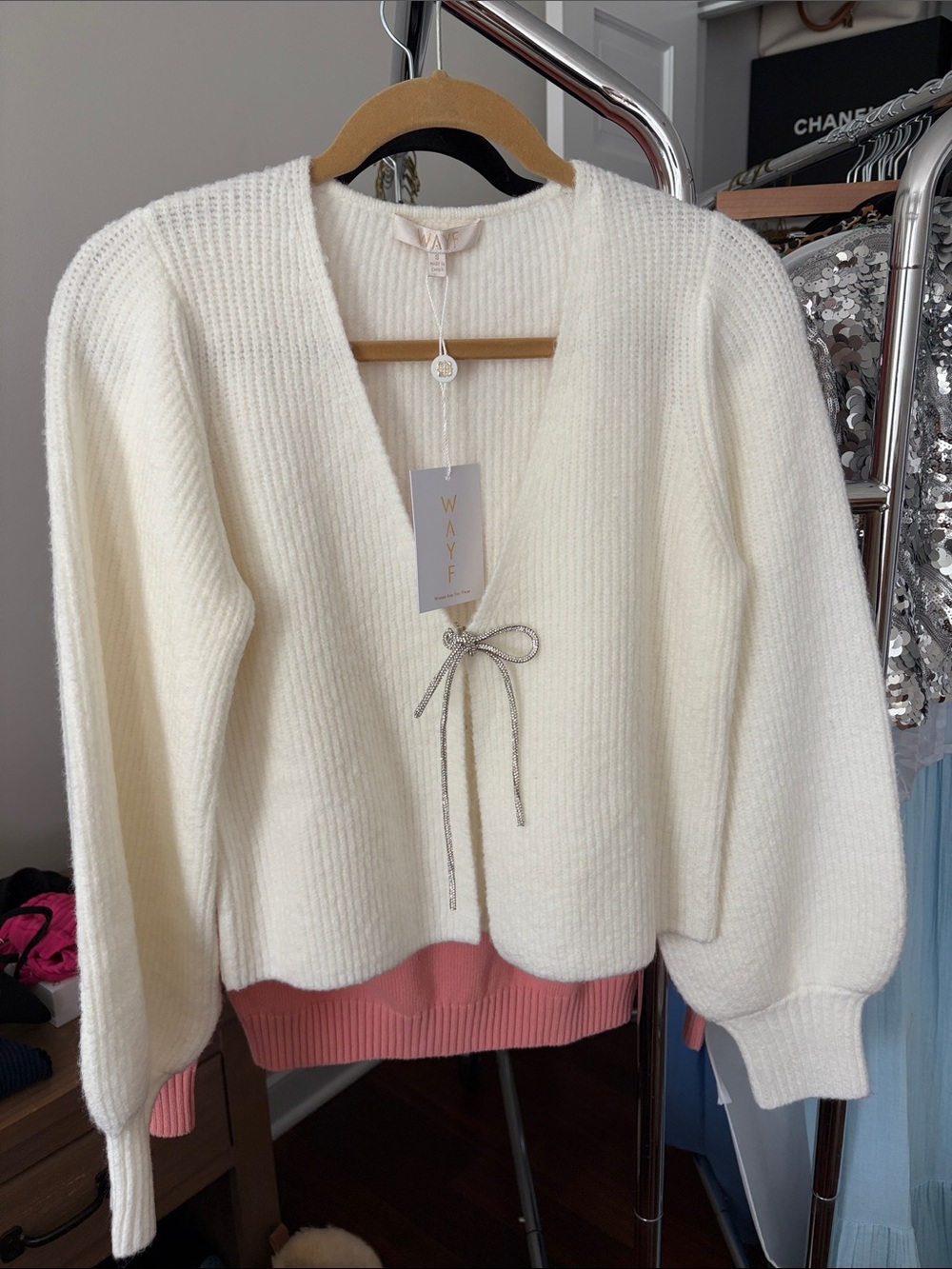 Wayf Ivory V-Neck Sweater and Silver Tie